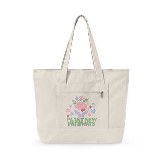 Plant New Pathways Zippered Canvas Tote | Floral Heart Graphic