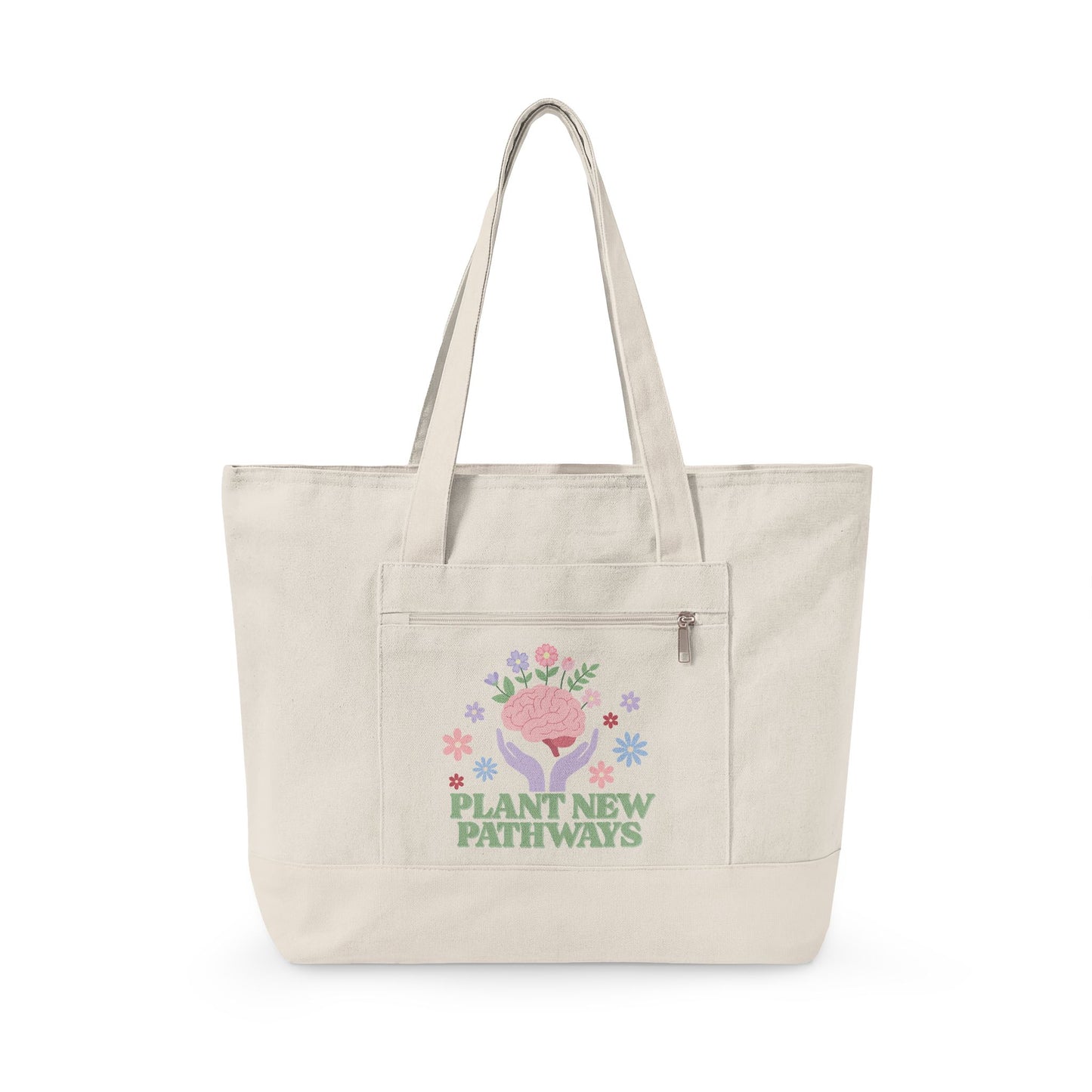 Plant New Pathways Zippered Canvas Tote | Floral Heart Graphic
