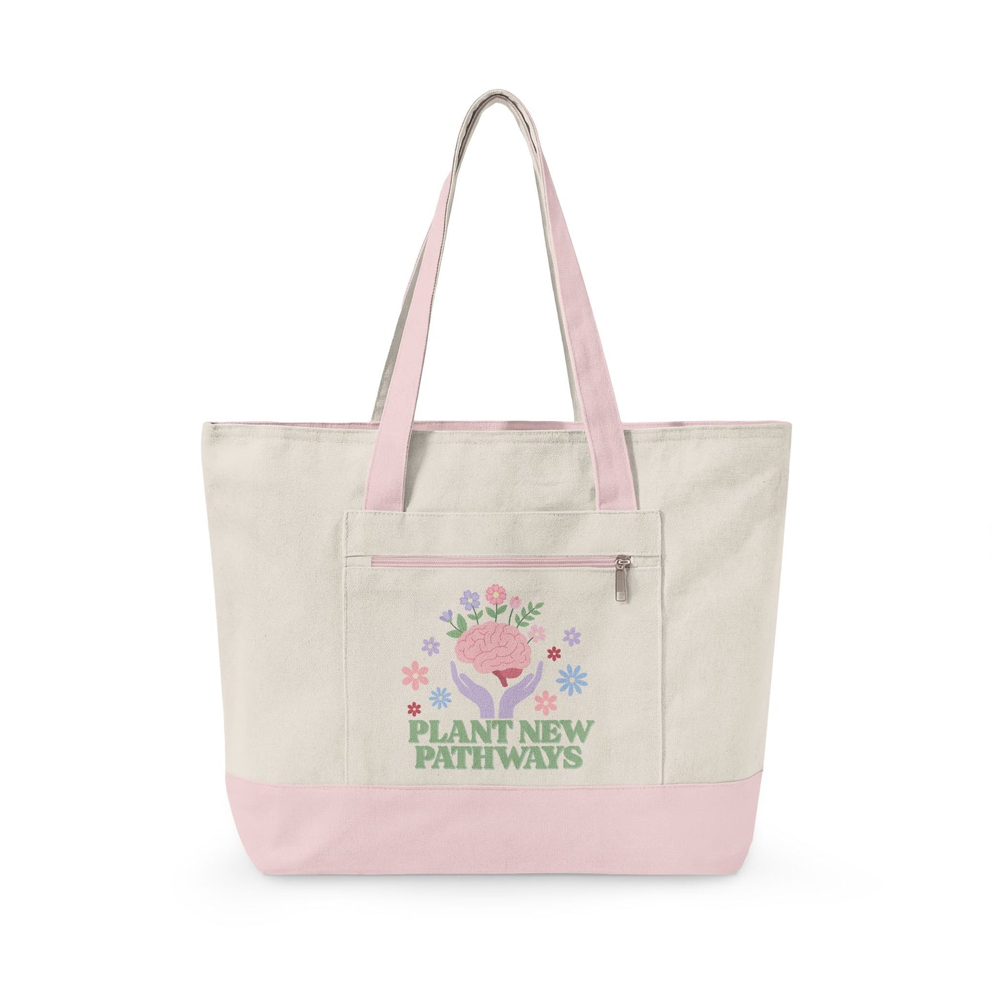 Plant New Pathways Zippered Canvas Tote | Floral Heart Graphic