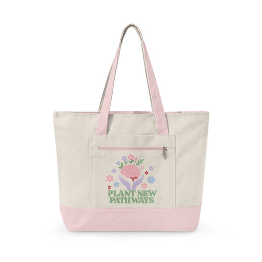 Plant New Pathways Zippered Canvas Tote | Floral Heart Graphic